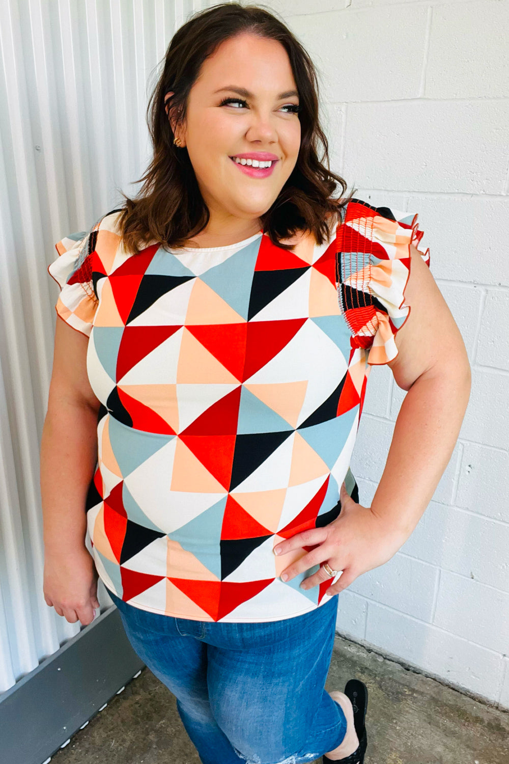 Ivory & Burnt Orange Geo Print Smocked Ruffle Frill Sleeve Top