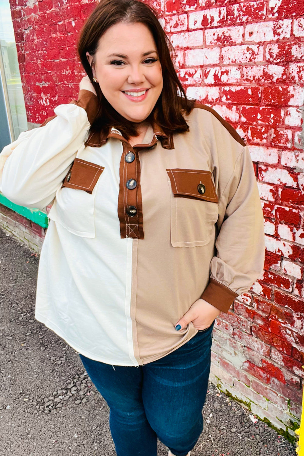 Fun Days Ahead Sepia Ivory/Taupe Color Block Button Down Pullover