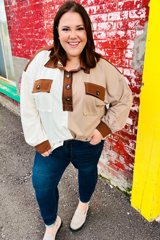 Fun Days Ahead Sepia Ivory/Taupe Color Block Button Down Pullover