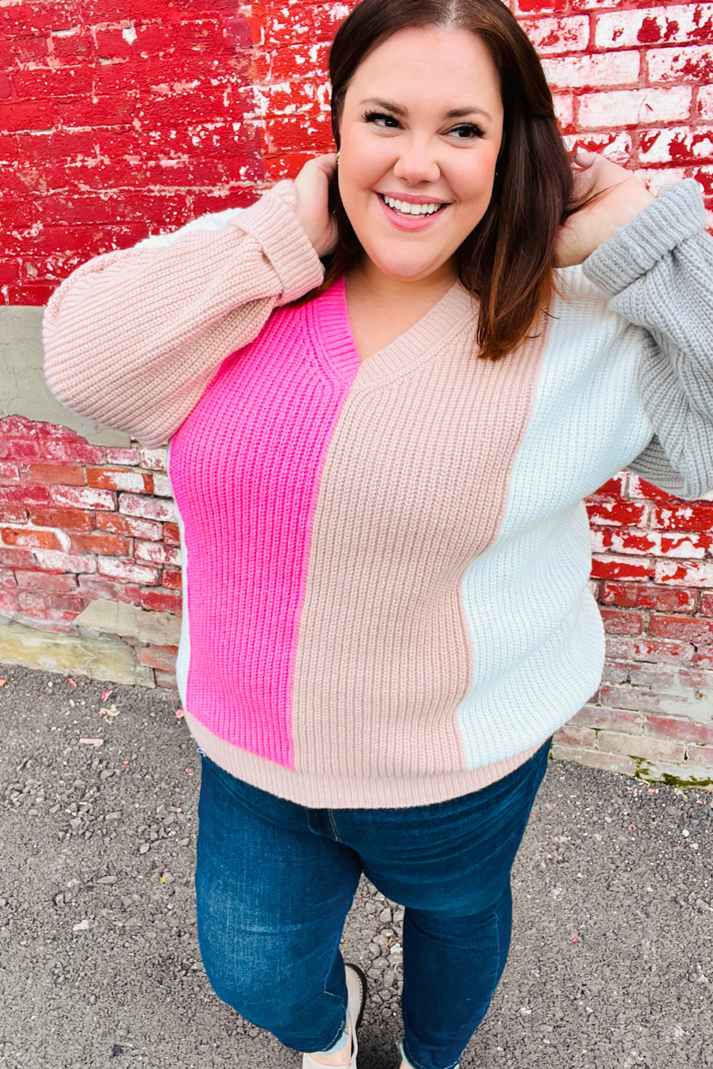 Pink & Taupe V Neck Color Block Sweater Top