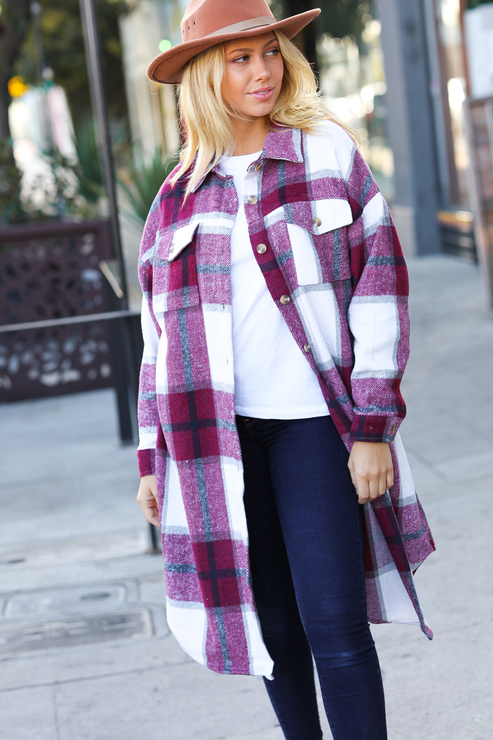 Eyes On You Burgundy Plaid Longline Jacket