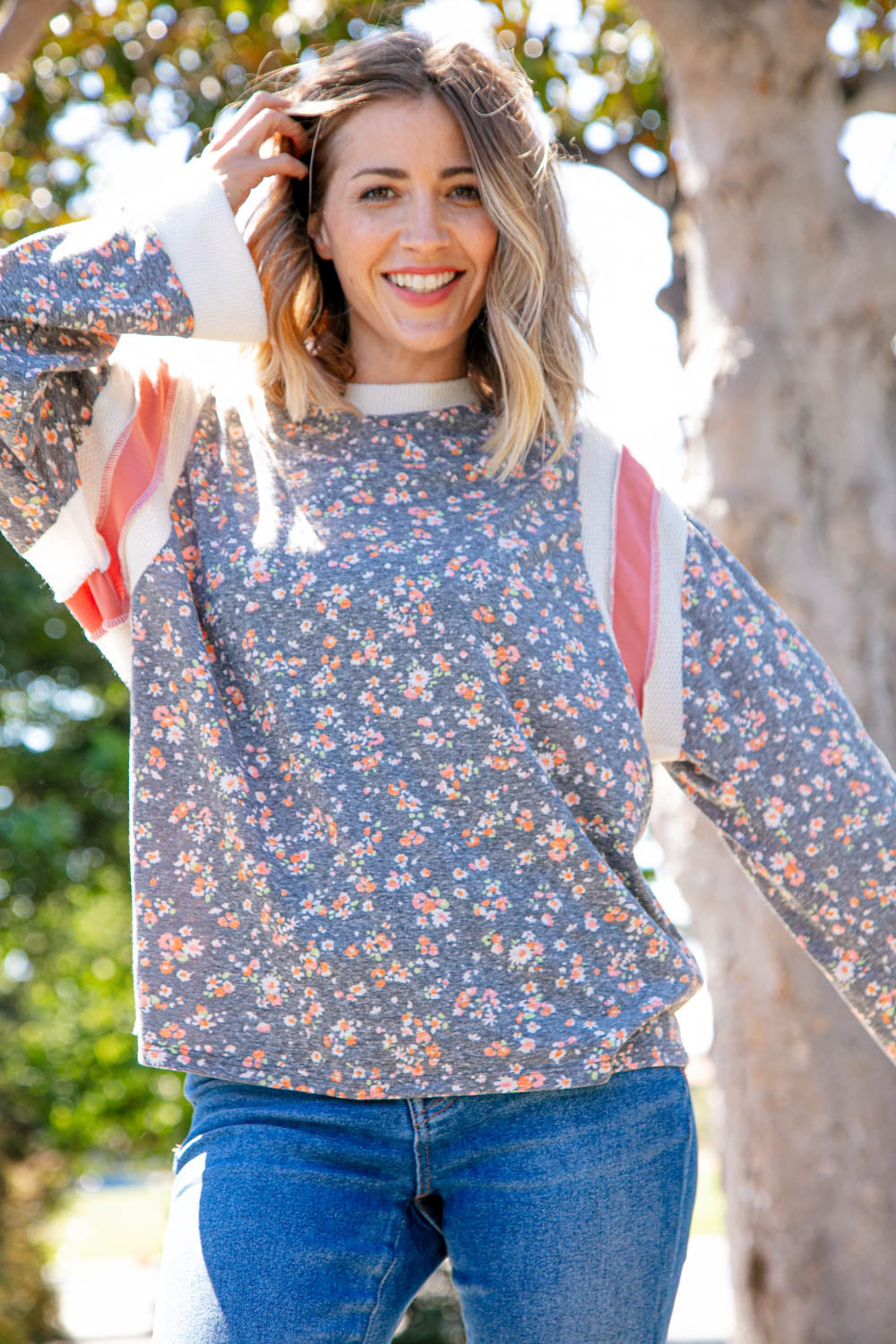 Floral Triblend Color Block Oversized Top