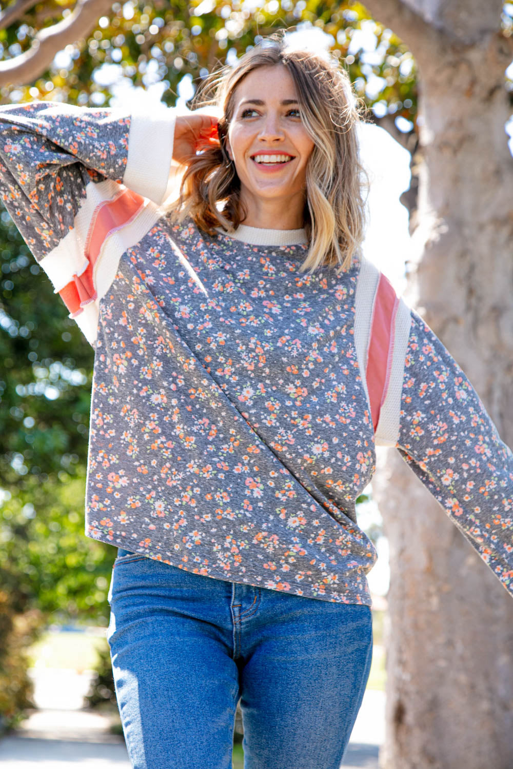 Floral Triblend Color Block Oversized Top