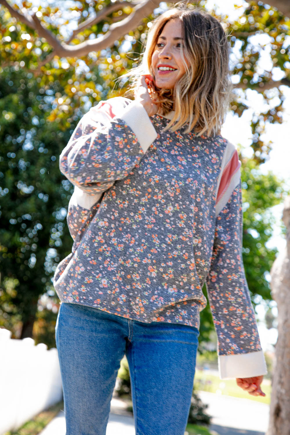 Floral Triblend Color Block Oversized Top