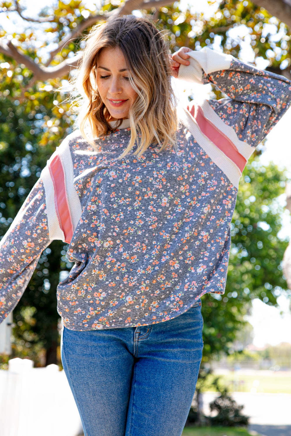 Floral Triblend Color Block Oversized Top