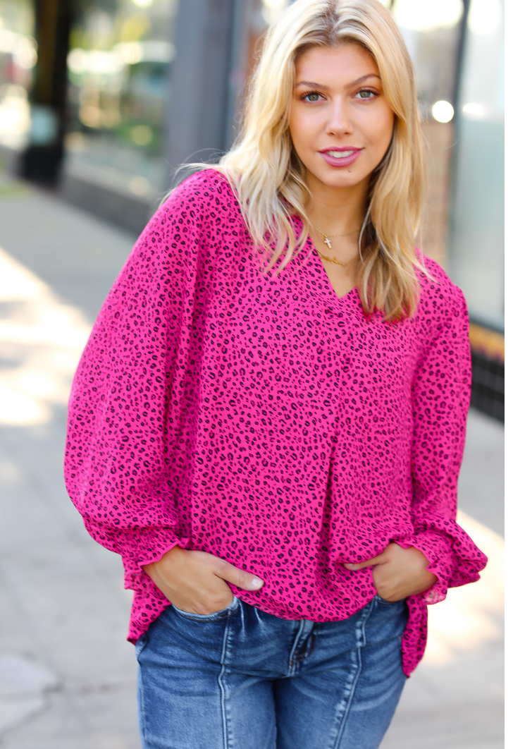 Get Ready Fuchsia Leopard V Neck Smocked Top