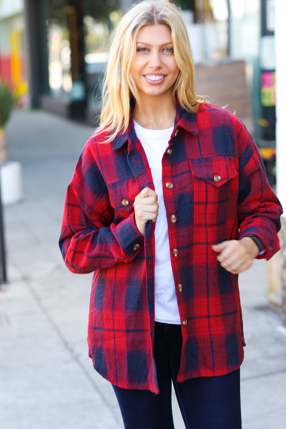 Red Cotton Flannel Plaid Square Hem Pocketed Jacket