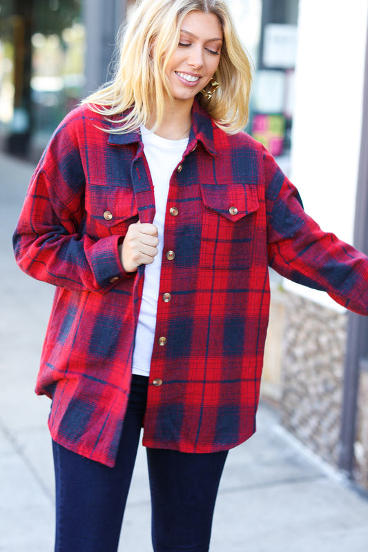 Red Cotton Flannel Plaid Square Hem Pocketed Jacket