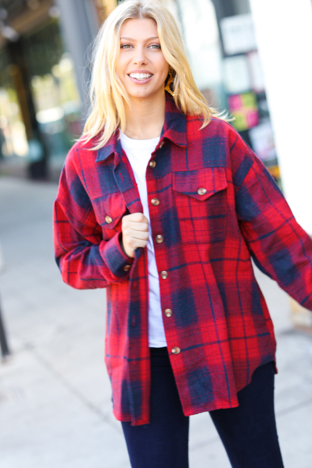 Red Cotton Flannel Plaid Square Hem Pocketed Jacket