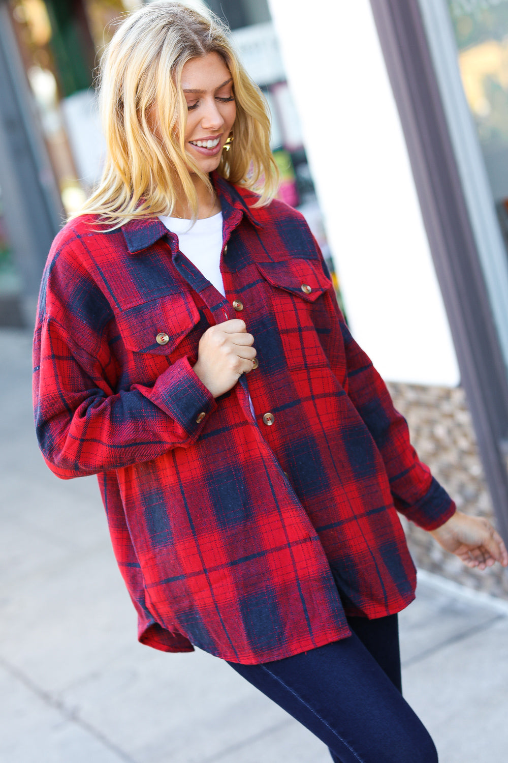 Red Cotton Flannel Plaid Square Hem Pocketed Jacket