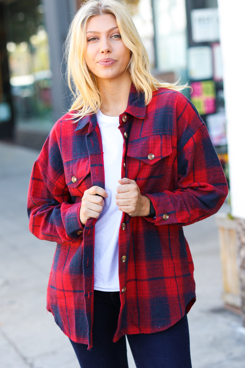 Red Cotton Flannel Plaid Square Hem Pocketed Jacket