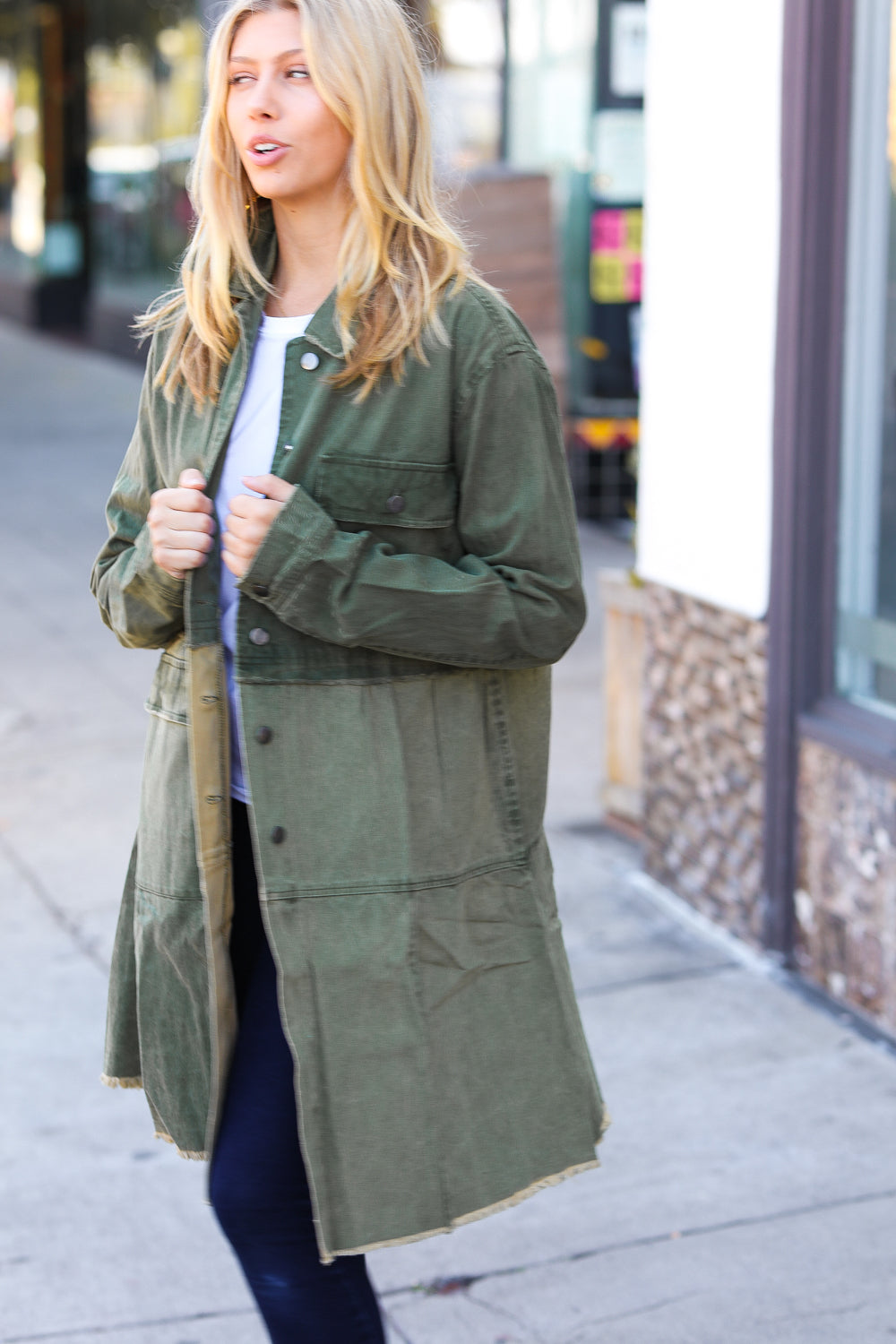 Olive Cotton Button Down Tiered Cut-Edge Long Jacket