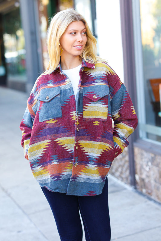 Burgundy/Winter Blue Aztec Flannel Textured Oversize Shacket