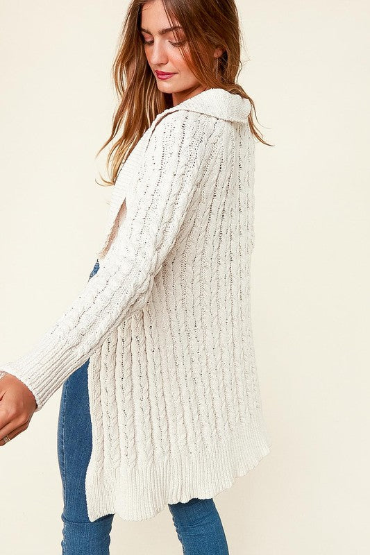 Cream Cable Knit Shawl Collar Open Cardigan