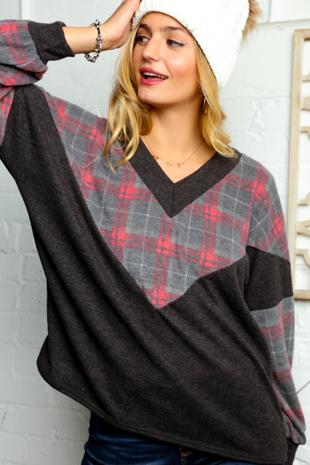 Brushed Hacci Chevron Plaid Color Block Sweater Top