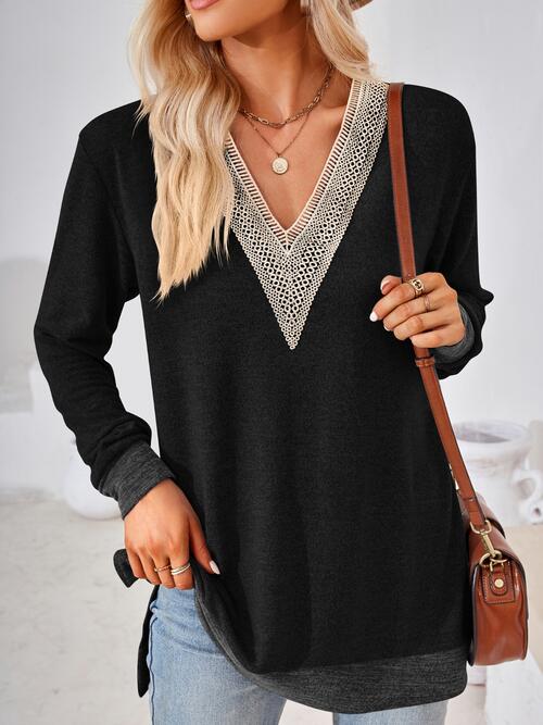 CROCHET V-NECK LONG SLEEVE SLIT T-SHIRT