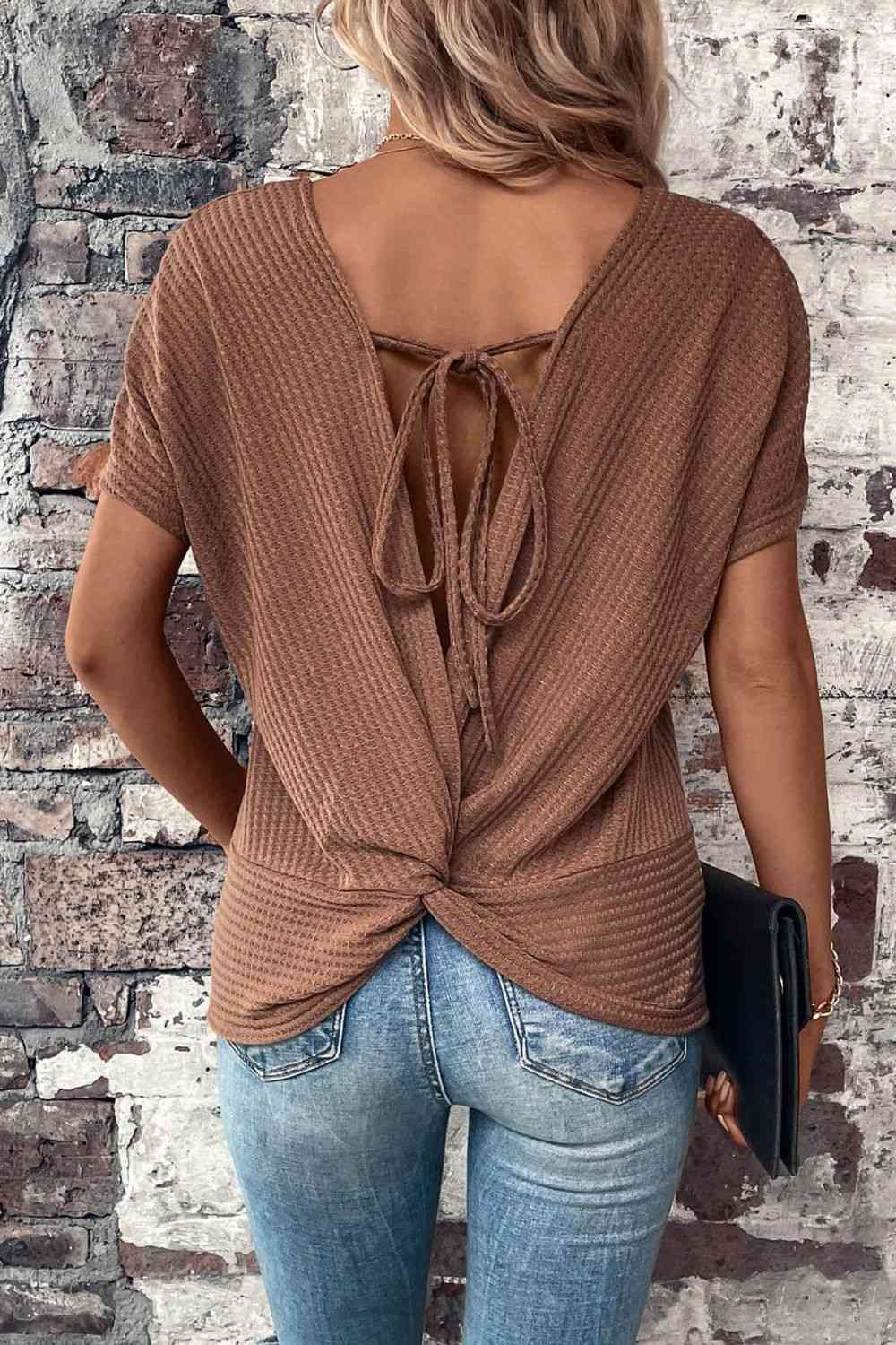 Twisted Back Tie Round Neck T-Shirt