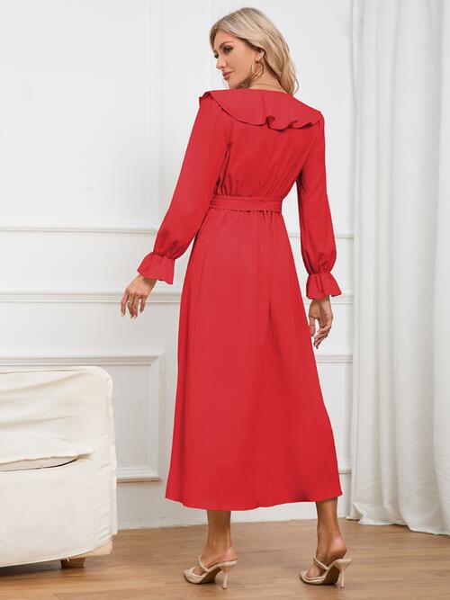 Surplice Tie Front Flounce Sleeve Dress