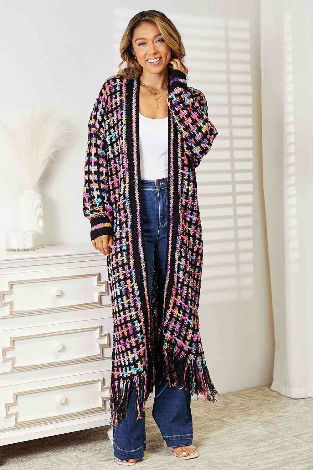 MULTICOLORED FRINGE HEM CARDIGAN