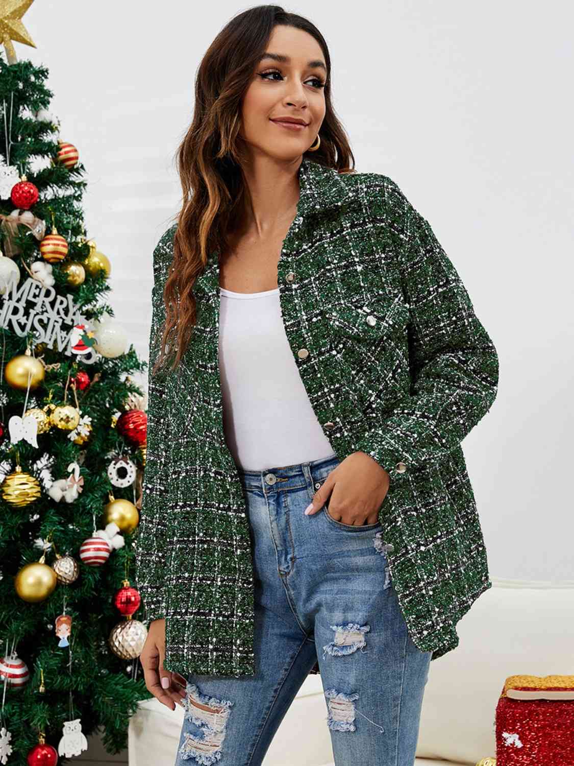 Plaid Collared Neck Button Front Jacket