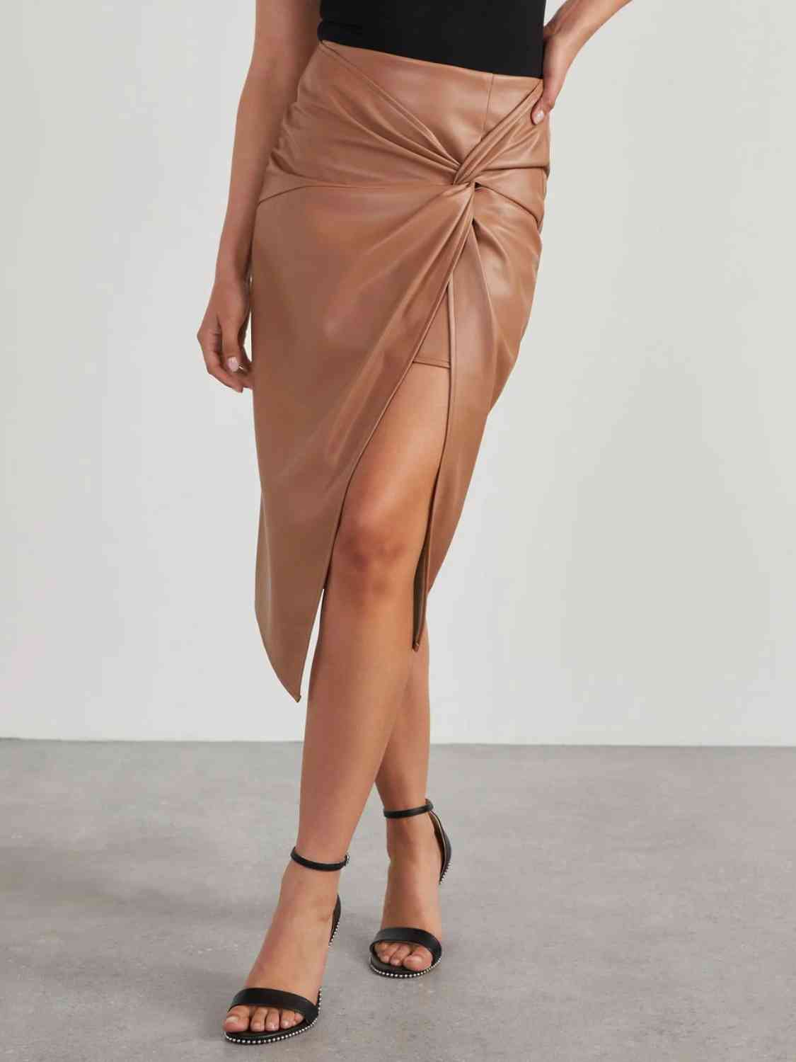 TWIST DETAIL FAUX LEATHER HIGH WAIST SKIRT