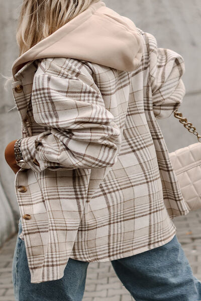 Plus Size Plaid Button Up Hooded Jacket