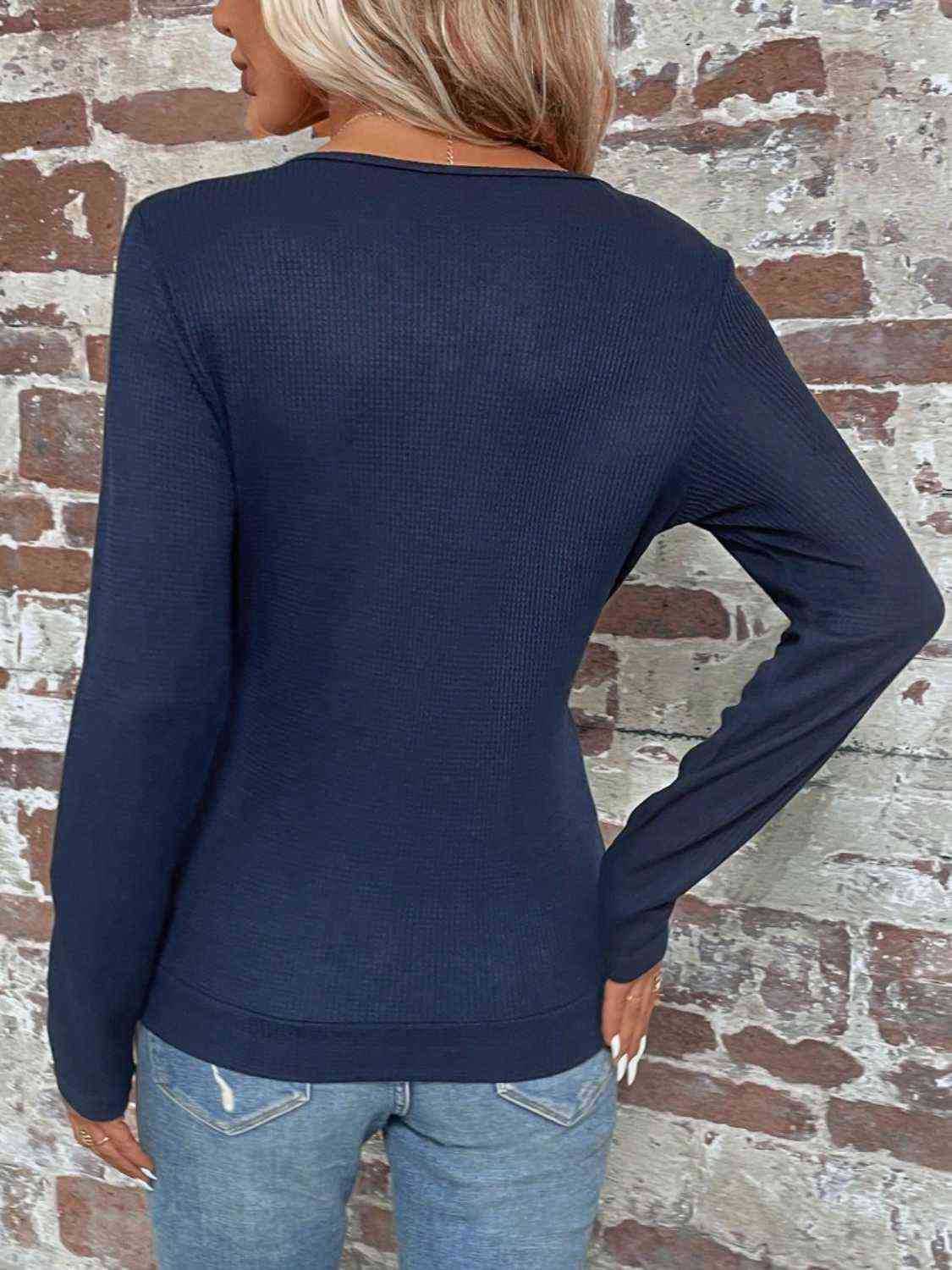 Buttoned Surplice Knit Neck Long Sleeve Top