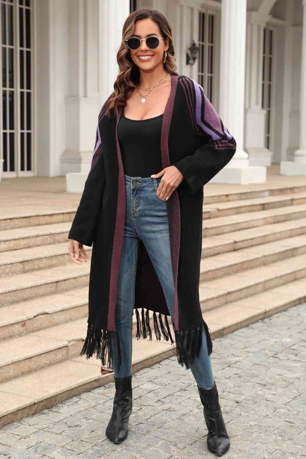 DOUBLE TAKE GEOMETRIC FRINGE DUSTER CARDIGAN