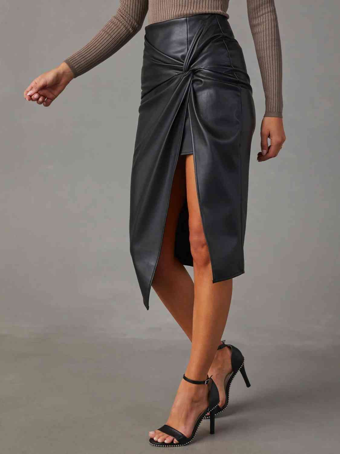 TWIST DETAIL FAUX LEATHER HIGH WAIST SKIRT