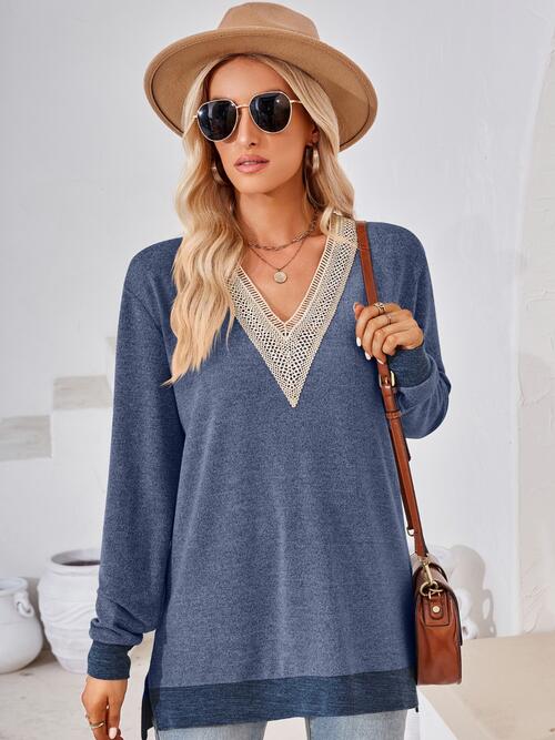 CROCHET V-NECK LONG SLEEVE SLIT T-SHIRT