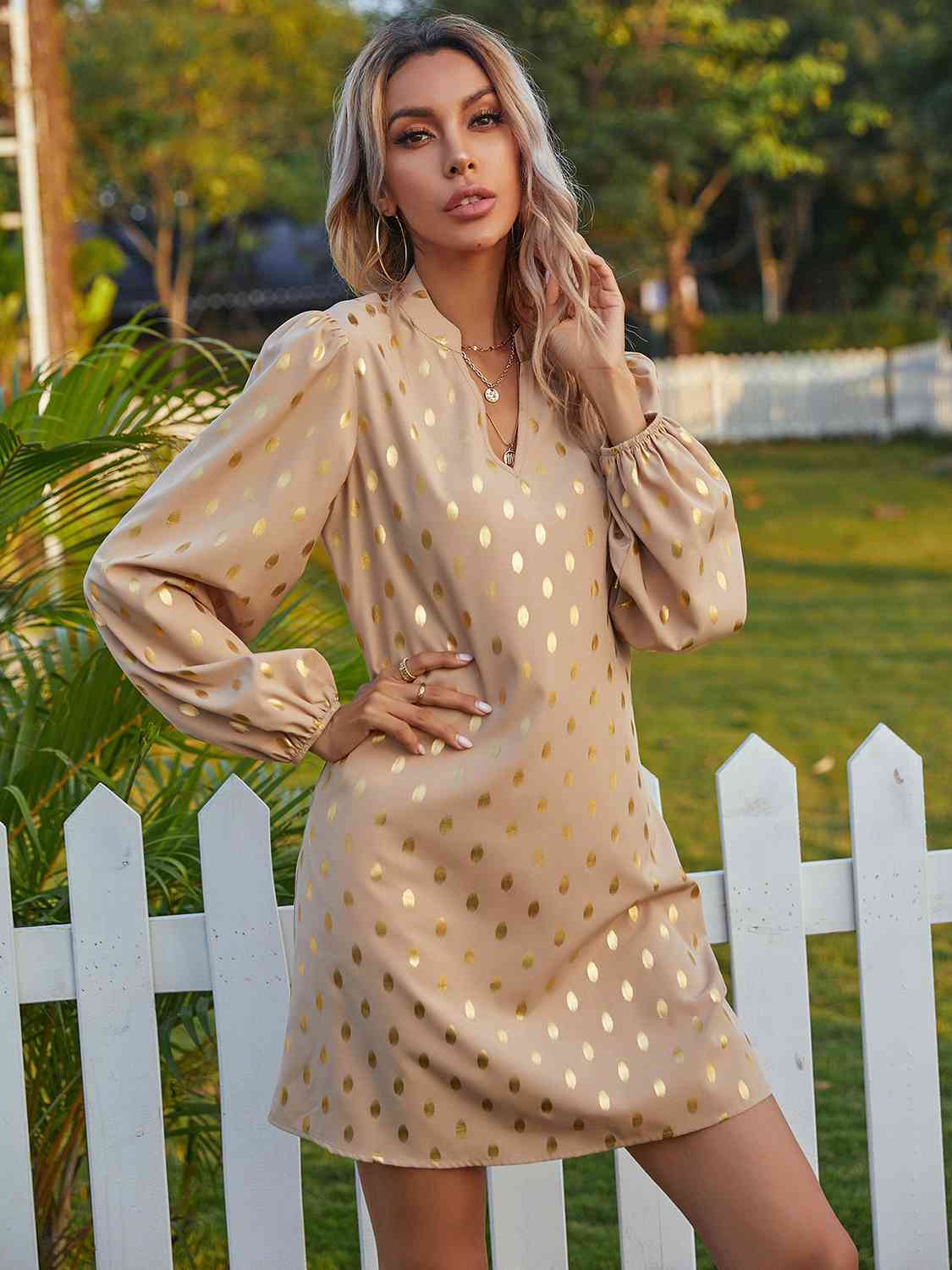 DOTTED NOTCHED NECK PUFF SLEEVE DRESS