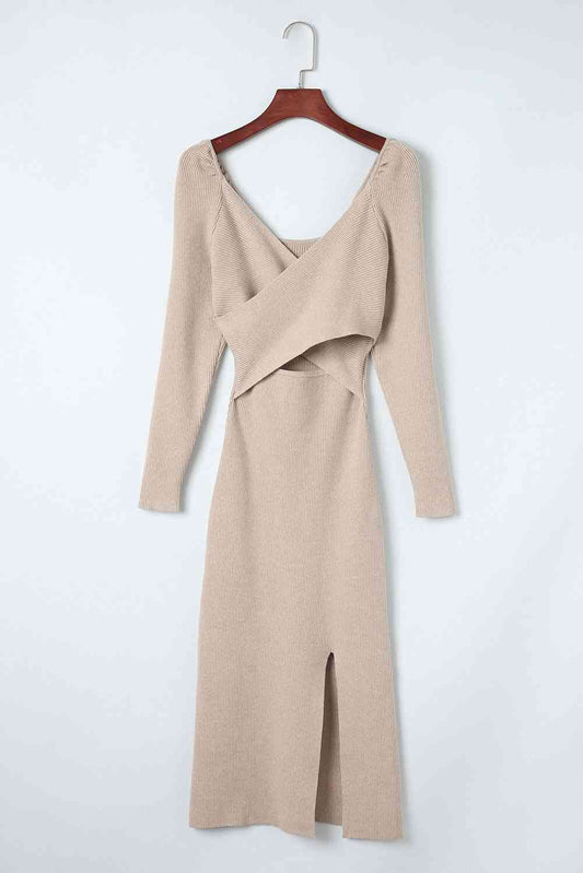 CRISSCROSS LONG SLEEVE SLIT SWEATER DRESS