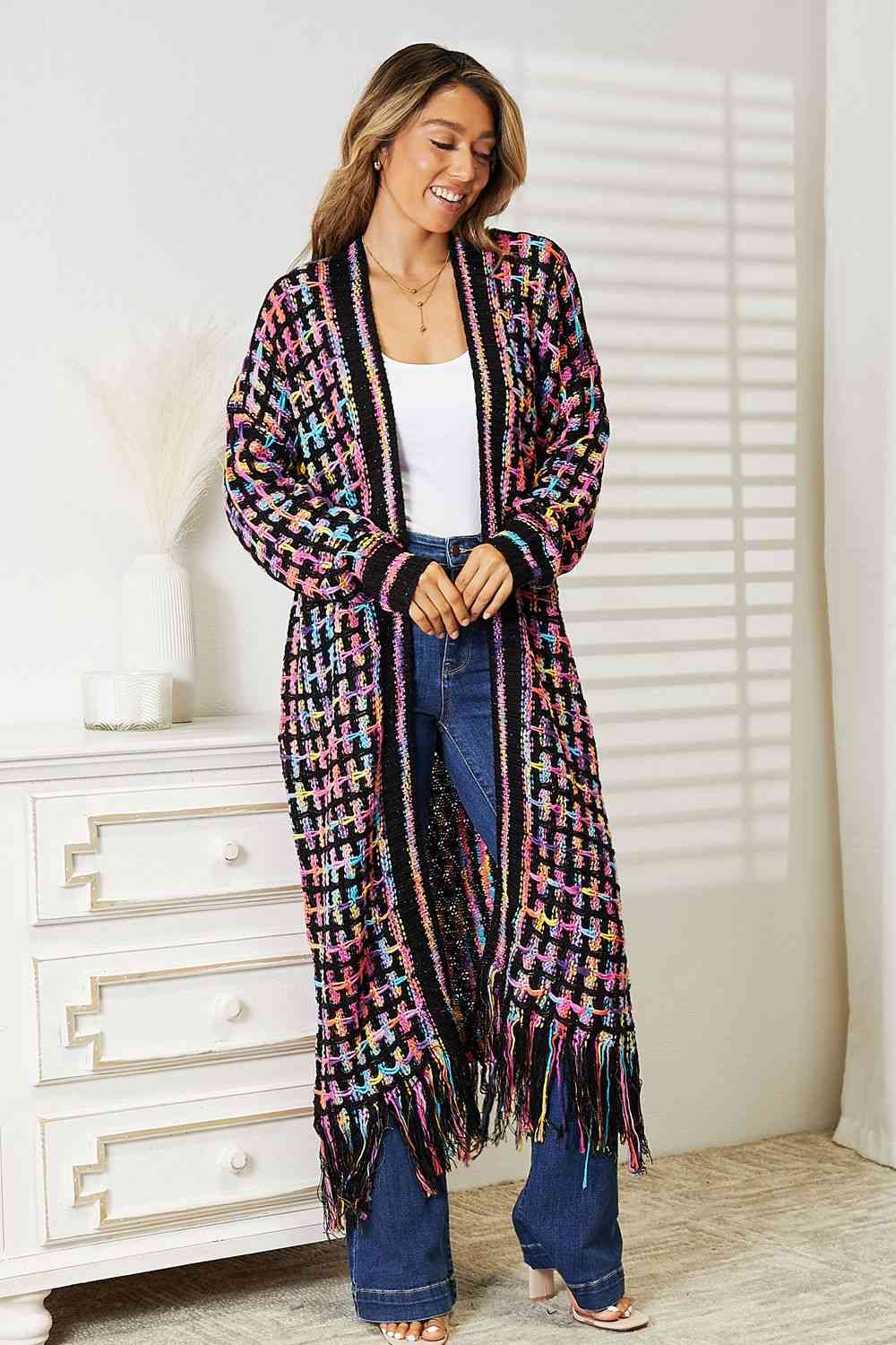 MULTICOLORED FRINGE HEM CARDIGAN