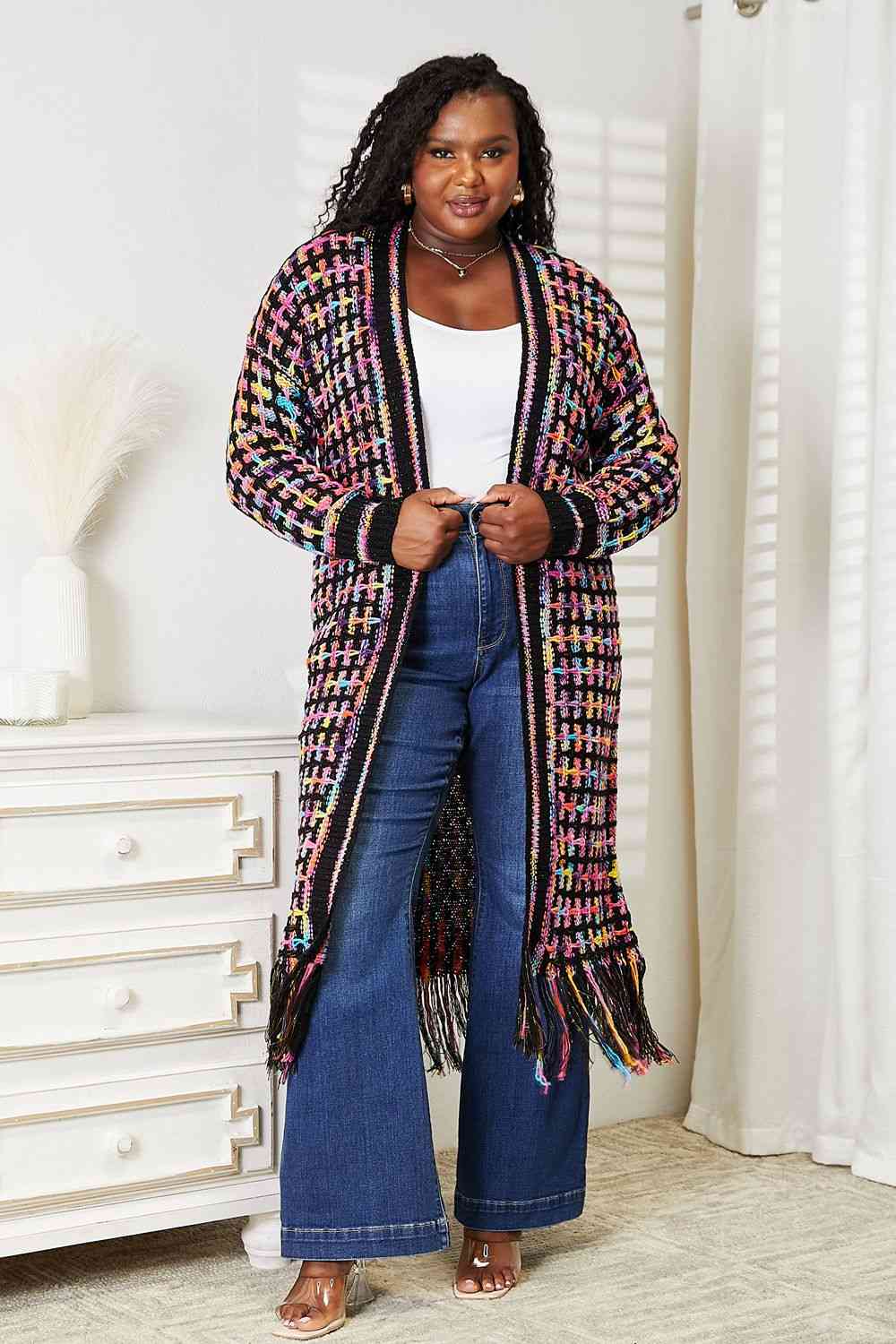 MULTICOLORED FRINGE HEM CARDIGAN