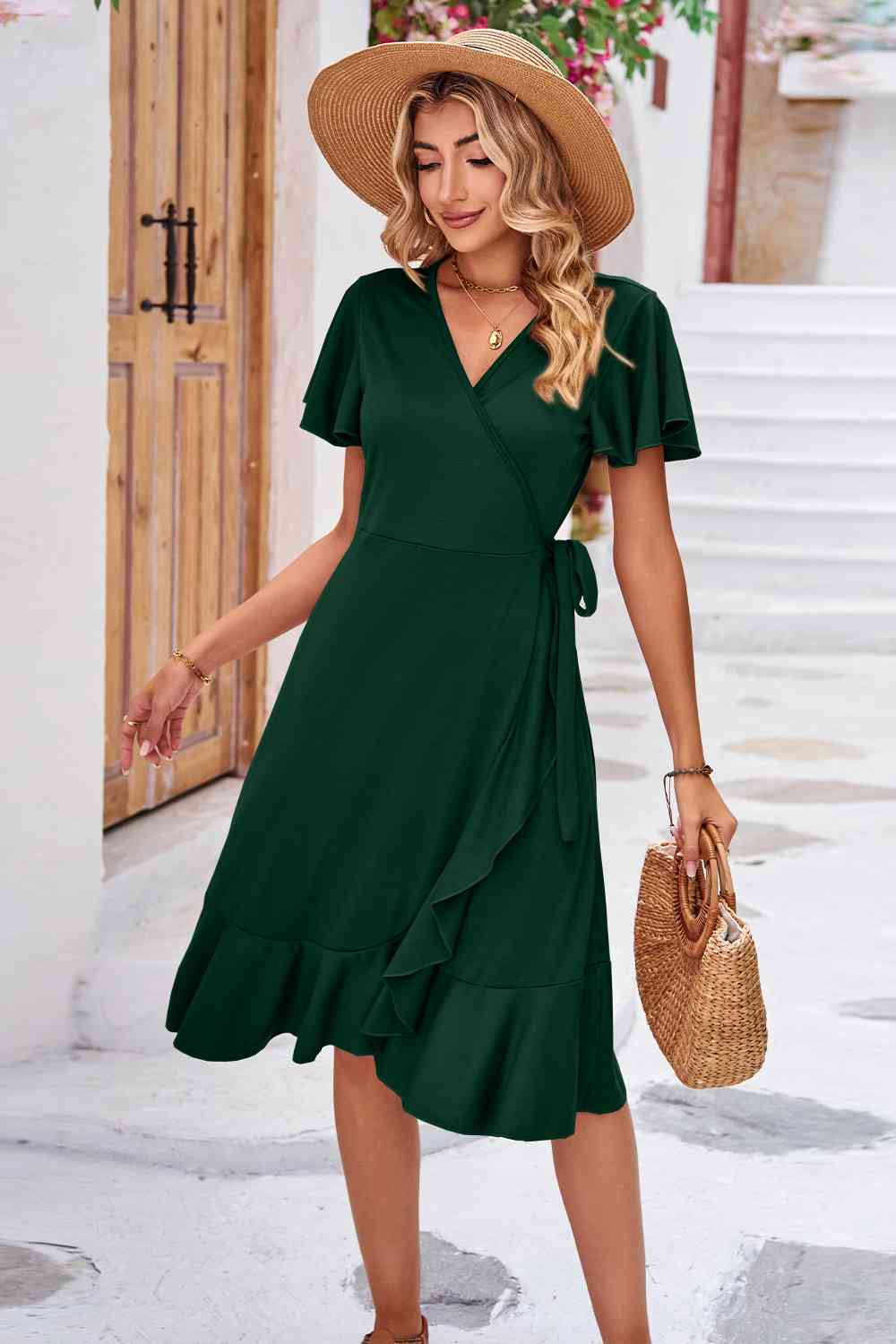 Surplice Neck Flutter Sleeve Dress