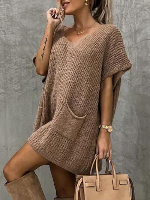 V-Neck Short Sleeve Sweater with Pockets