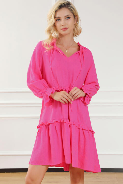 Tie Neck Flounce Sleeve Tiered Dress