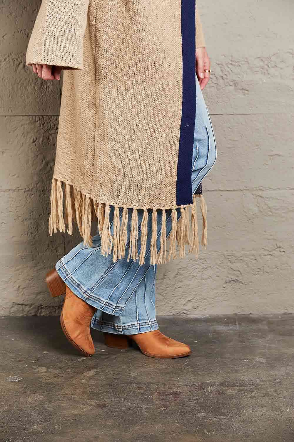 DOUBLE TAKE GEOMETRIC FRINGE DUSTER CARDIGAN