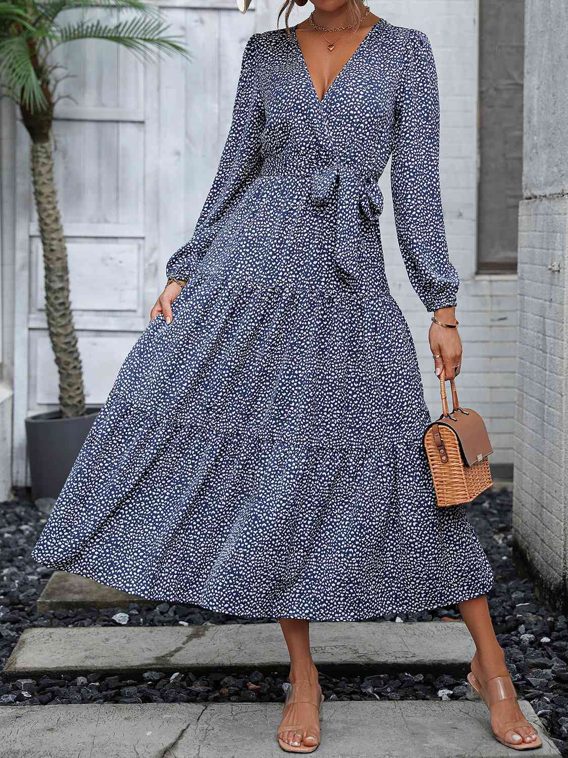 Surplice Neck Long Sleeve Midi Dress