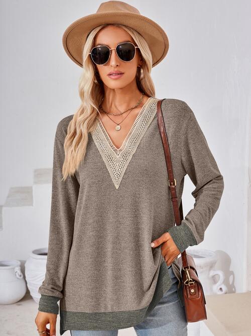 CROCHET V-NECK LONG SLEEVE SLIT T-SHIRT