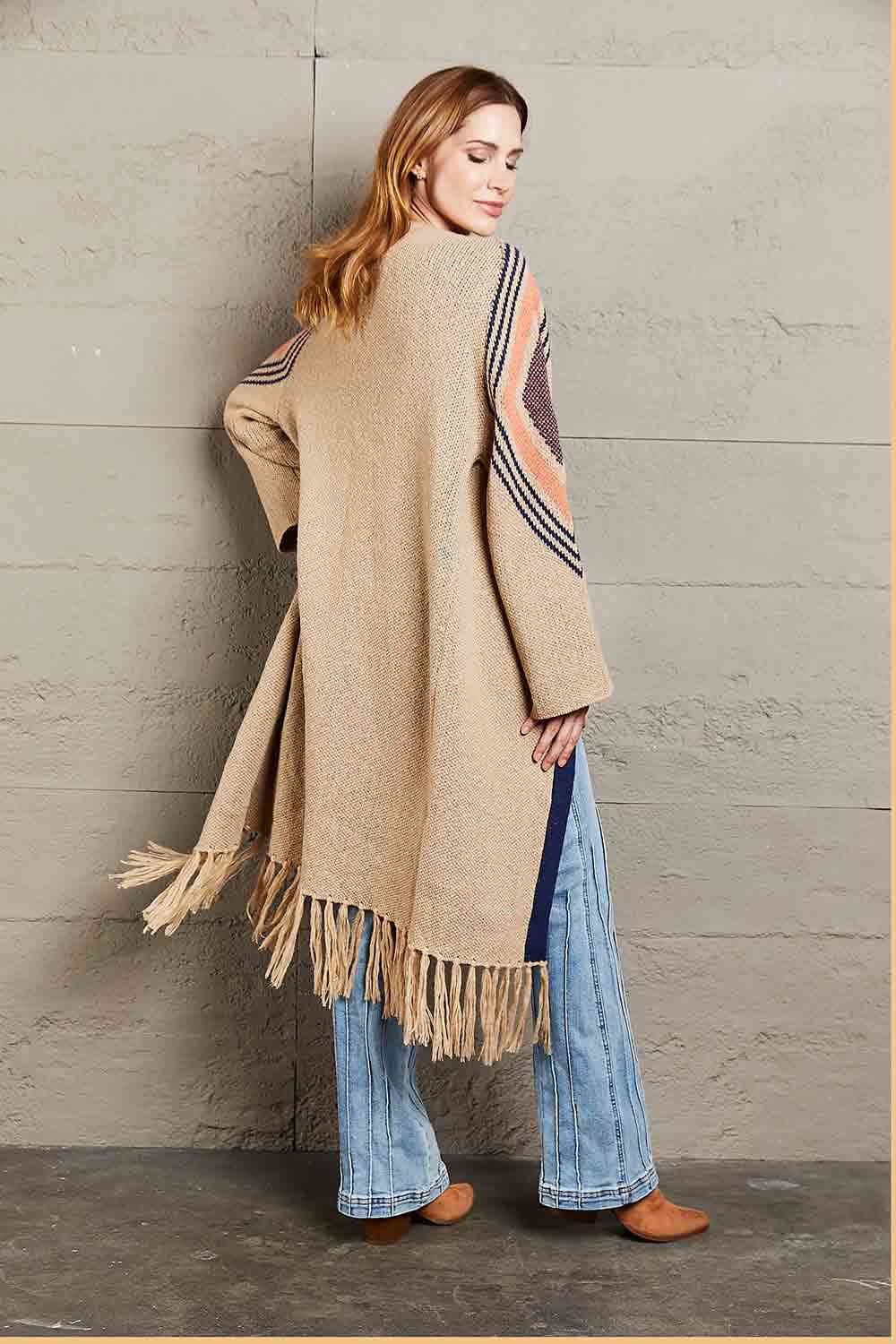 DOUBLE TAKE GEOMETRIC FRINGE DUSTER CARDIGAN