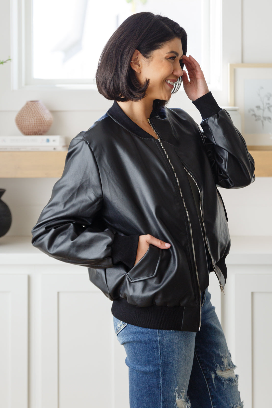 THIS IS IT FAUX LEATHER BOMBER JACKET