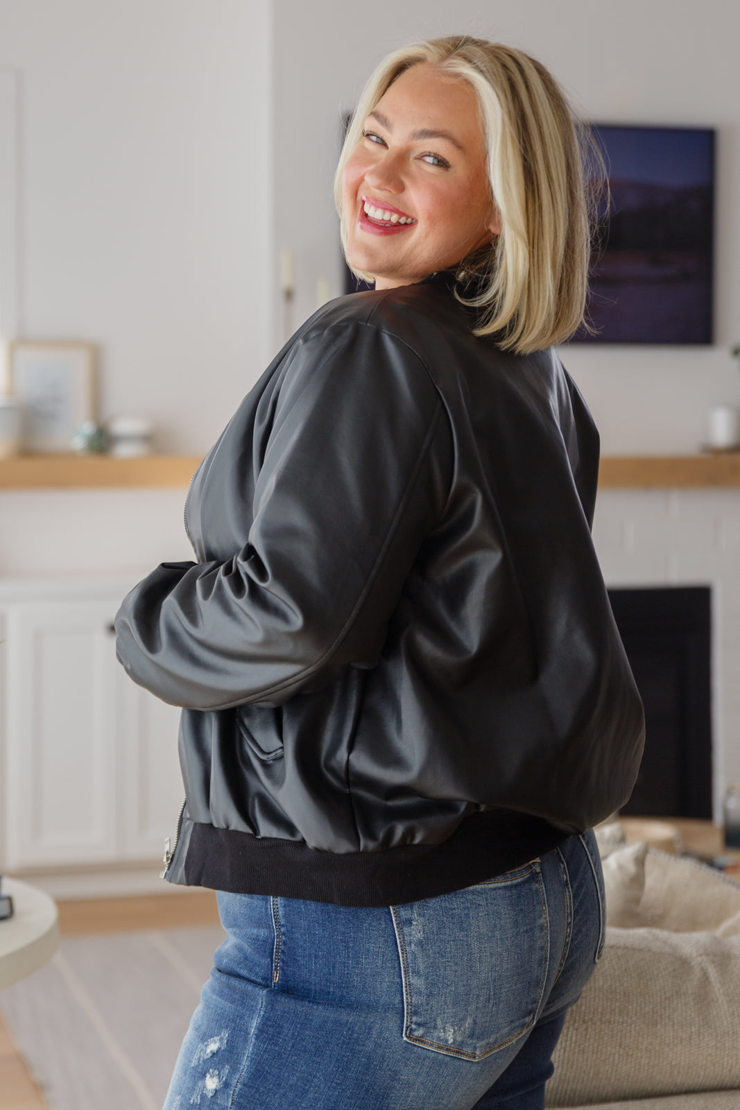 THIS IS IT FAUX LEATHER BOMBER JACKET