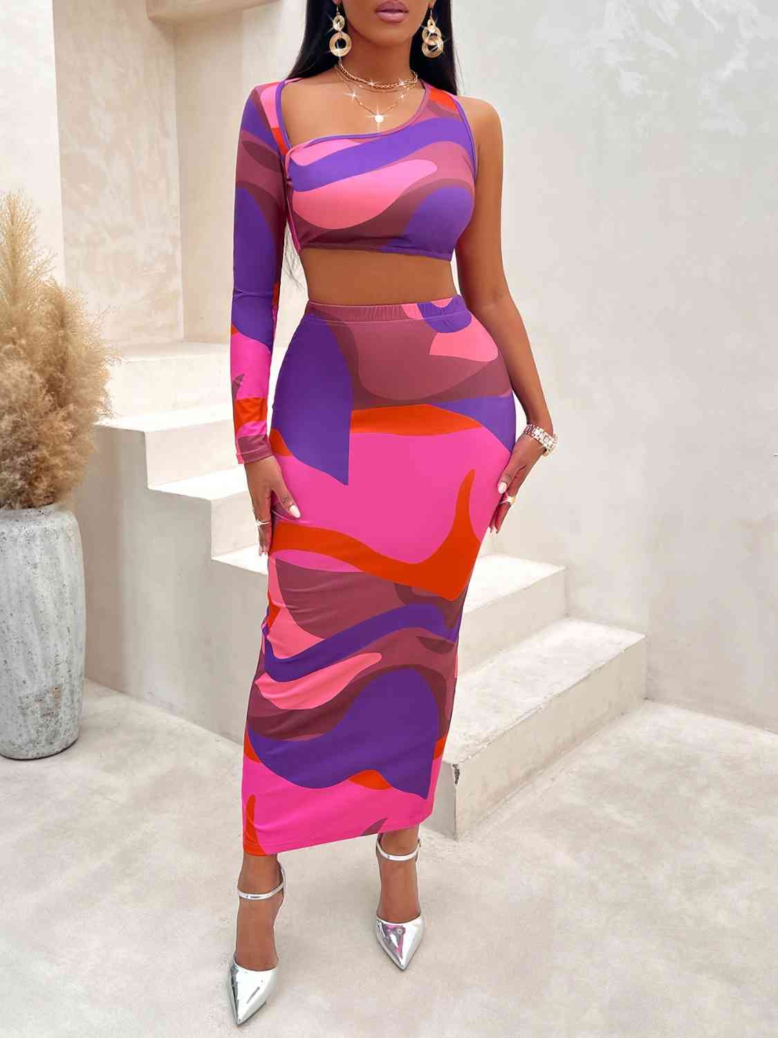 COLOR SWIRL CROPPED TOP AND SKIRT SET