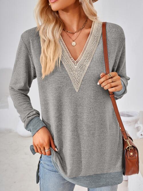 CROCHET V-NECK LONG SLEEVE SLIT T-SHIRT