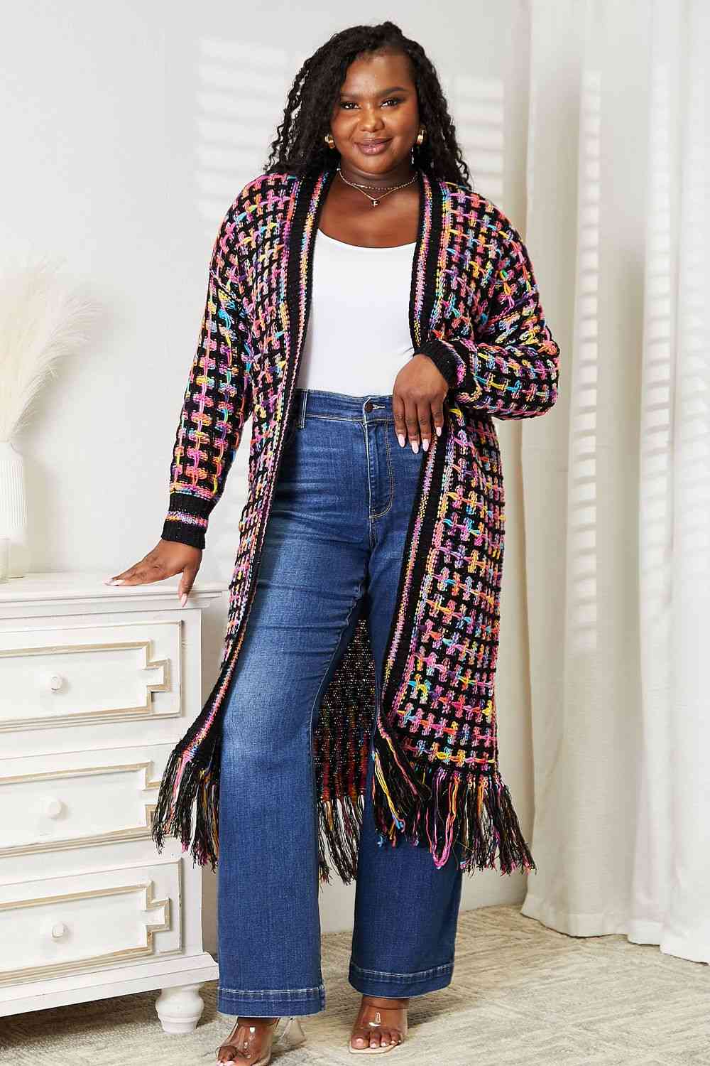 MULTICOLORED FRINGE HEM CARDIGAN