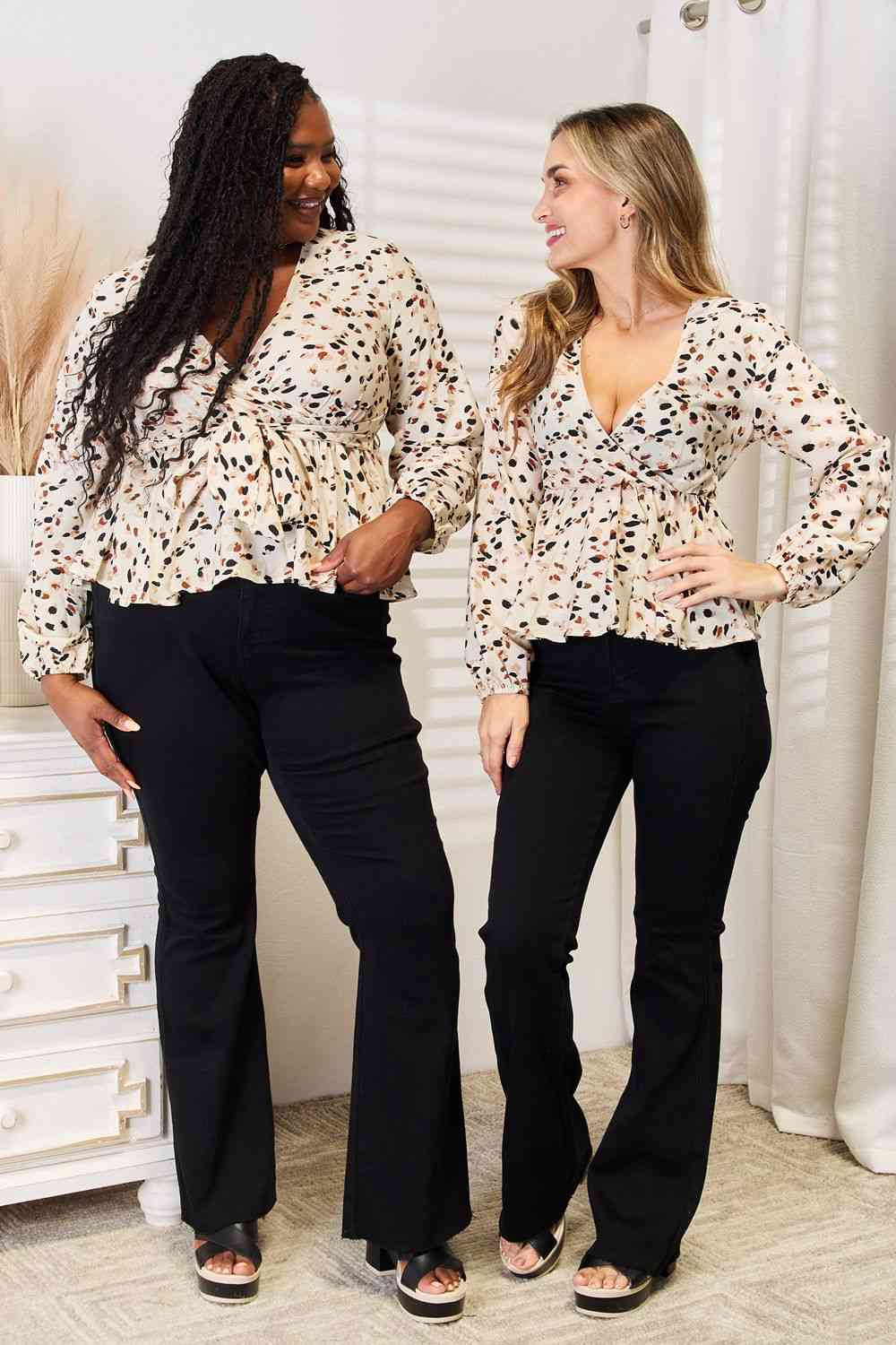 DOUBLE TAKE PRINTED TIED PEPLUM BLOUSE