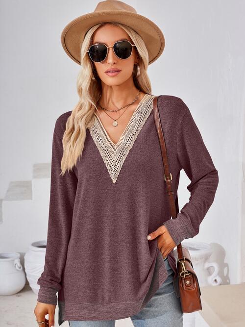 CROCHET V-NECK LONG SLEEVE SLIT T-SHIRT