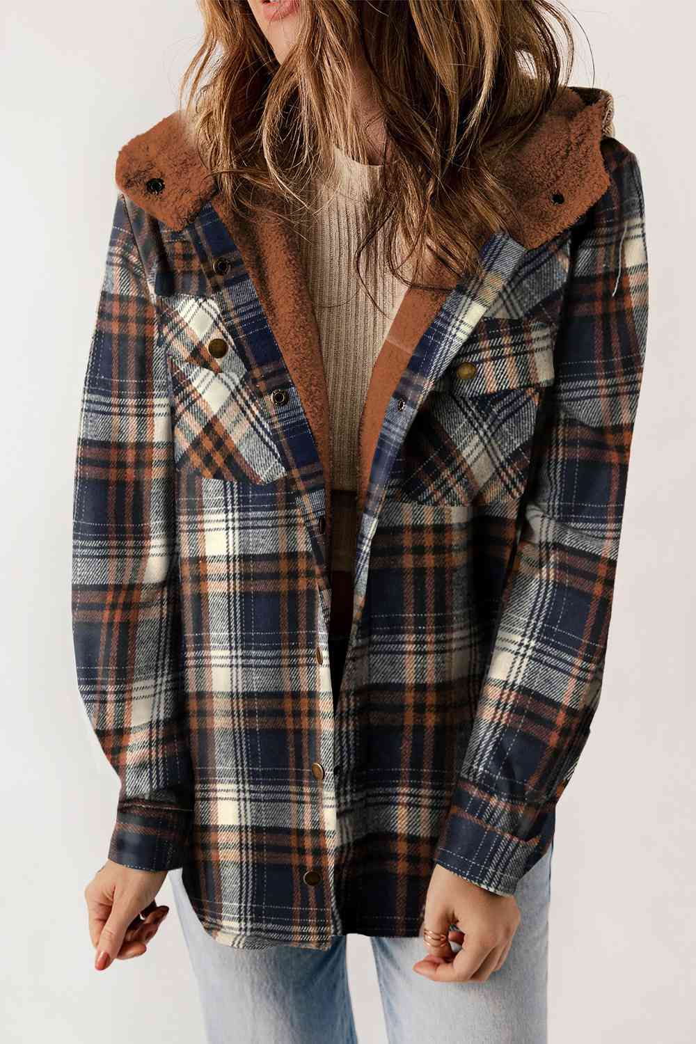 Plaid Snap Down Hooded Jacket