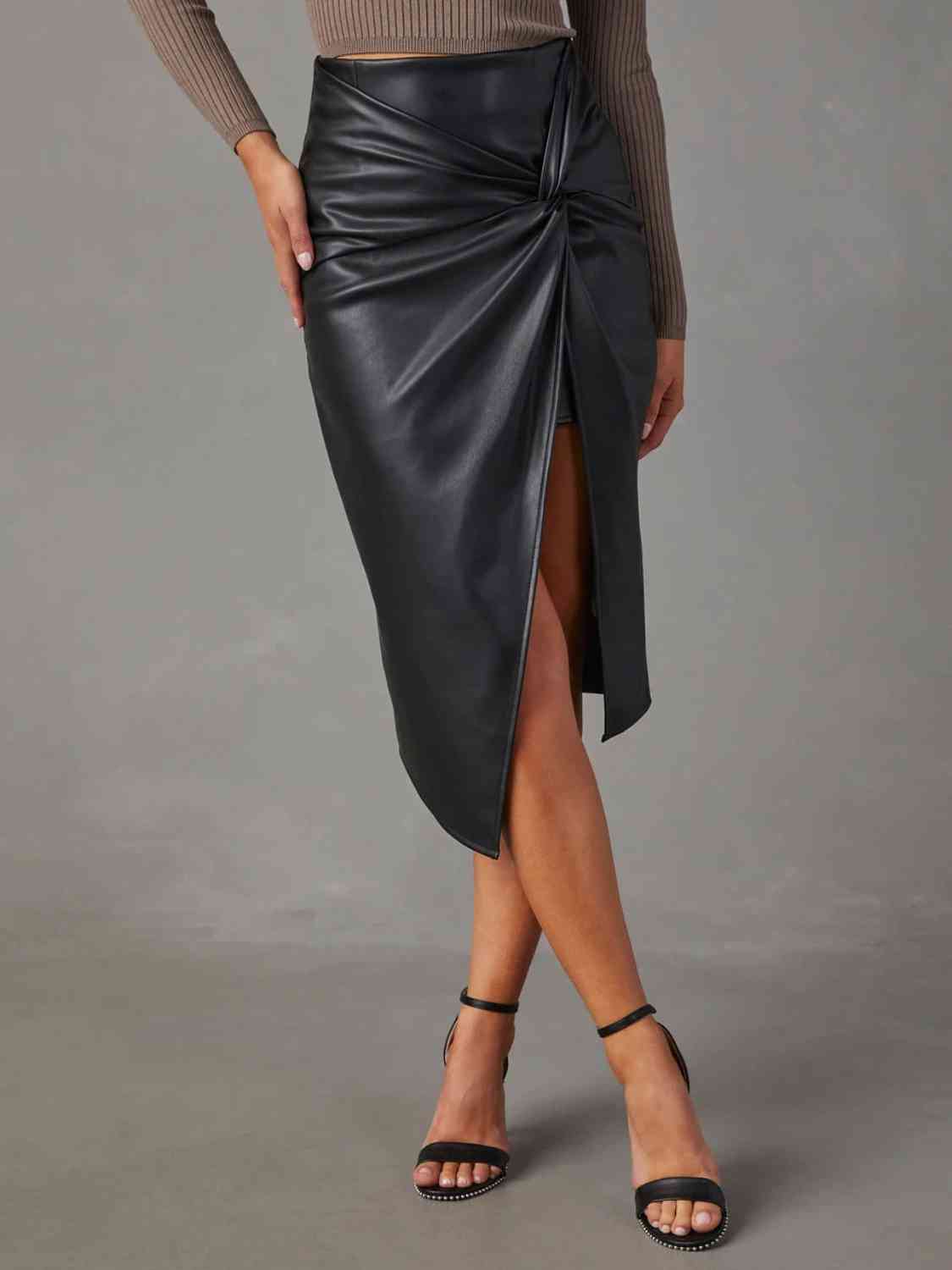 TWIST DETAIL FAUX LEATHER HIGH WAIST SKIRT